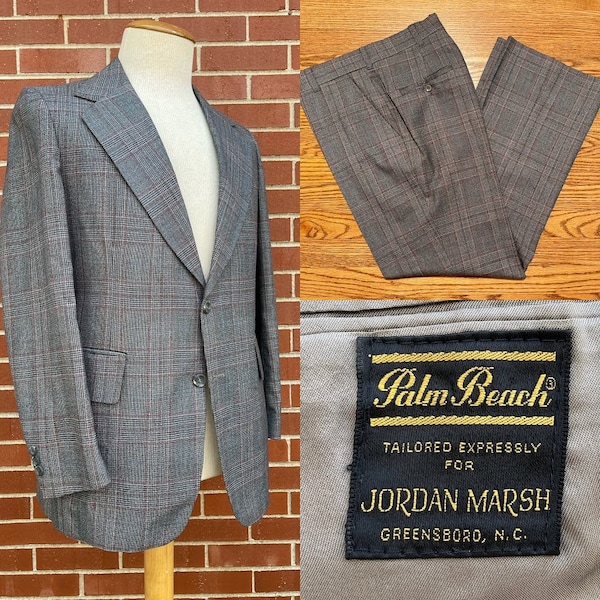 Vintage 1970's Men's Grey Wool Plaid Palm Beach Two-Piece Suit, Size Medium, Vintage Palm Beach Suit, 70's Men's Suit, Retro Men's Suit