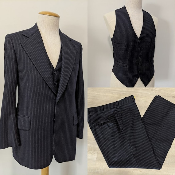 Vintage 1970's Men's Blue Wool Pinstripe Three Pie