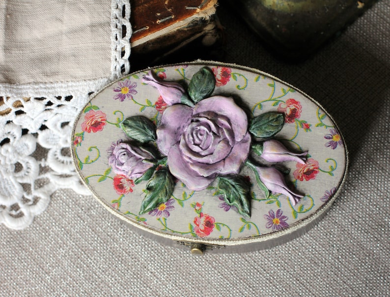 Shabby Chic wooden box flower roses handmade gift for women vintage jewelry treasure chest moulds decor