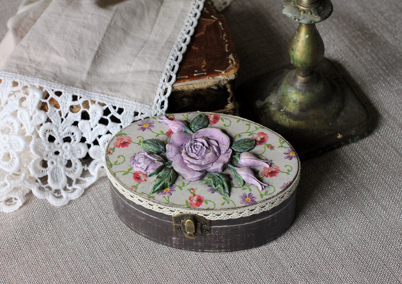 Shabby Chic wooden box flower roses handmade gift for women vintage jewelry treasure chest moulds decor