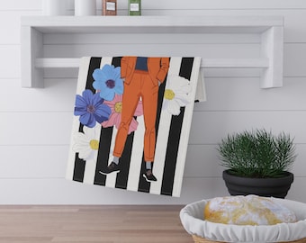 Dapper Cat Tea Towel | Stripes & Floral Kitchen Towel