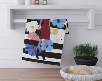 Stylish Cat Illustration Tea Towel | Striped Floral Kitchen Towel