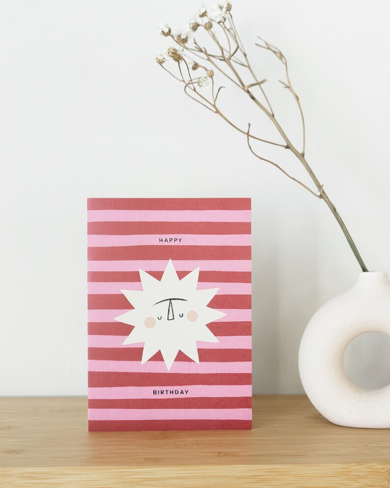 Striped birthday card with happy sunshine image 1