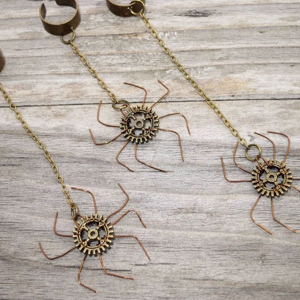 Steampunk gear spider brass or silver earcuff earrings