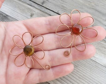 Wirewrapped copper flowers with tiger eye stone stud earrings
