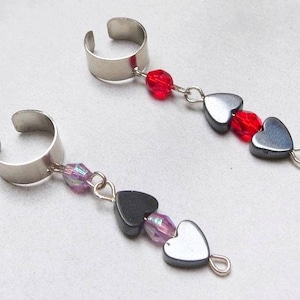 Hematite black heart valentine earcuffs with silver findings, rose and red crystal beads