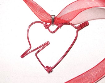 Heart and Arrow Valentine choker necklace red wirewrapped pendant organza satin