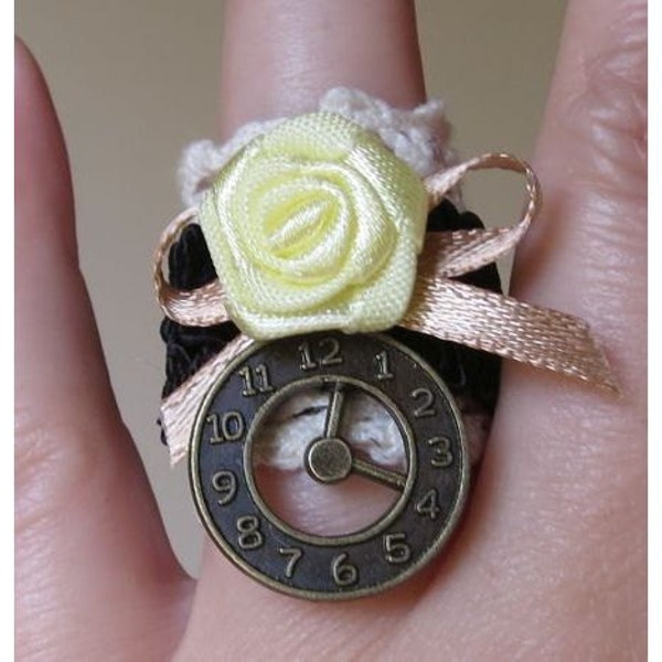 Steampunk Victorian Lace Ring black and white with yellow Rose, salmon ribbon and brass Clock pendant
