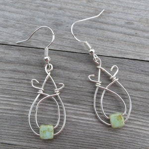 Silver green mineral stone cube drop dangle earrings