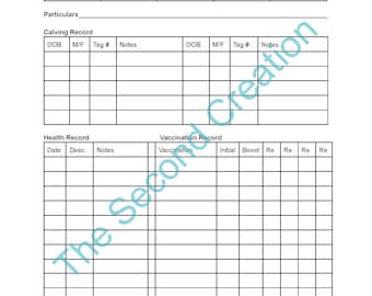 May include: A white paper form designed for recording animal details. It features sections for tag number, date of birth, sex, calving record, health record, and vaccination details. The image is watermarked with the text "The Second Creation".