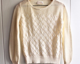 1980s Vintage Crewneck Ivory Crochet Crewneck Sweater