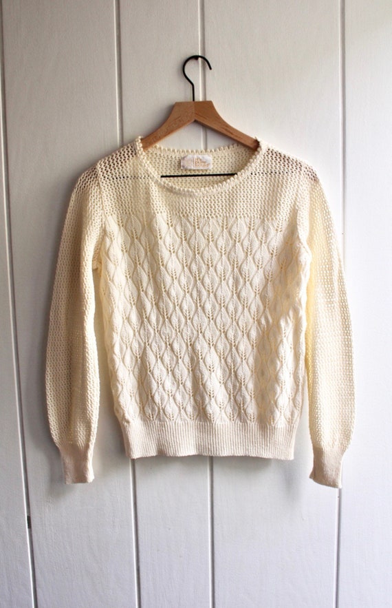 1980s Vintage Crewneck Ivory Crochet Crewneck Sweater Gem