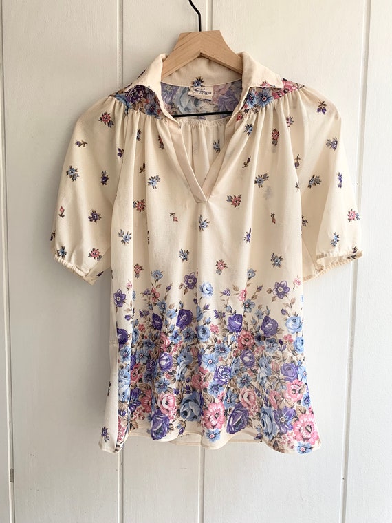 1970s Vintage Sheer Floral Bohemian Collared Blouse - Gem