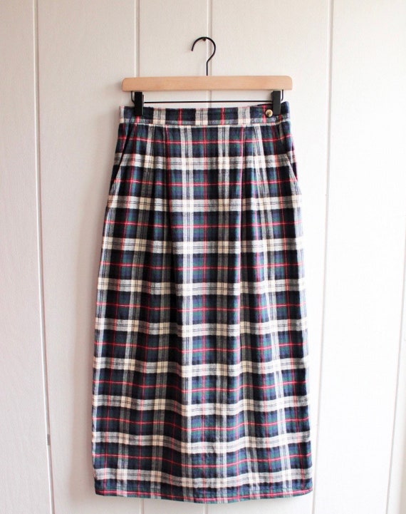 1990s Vintage Cotton Flannel Plaid Maxi Skirt by L