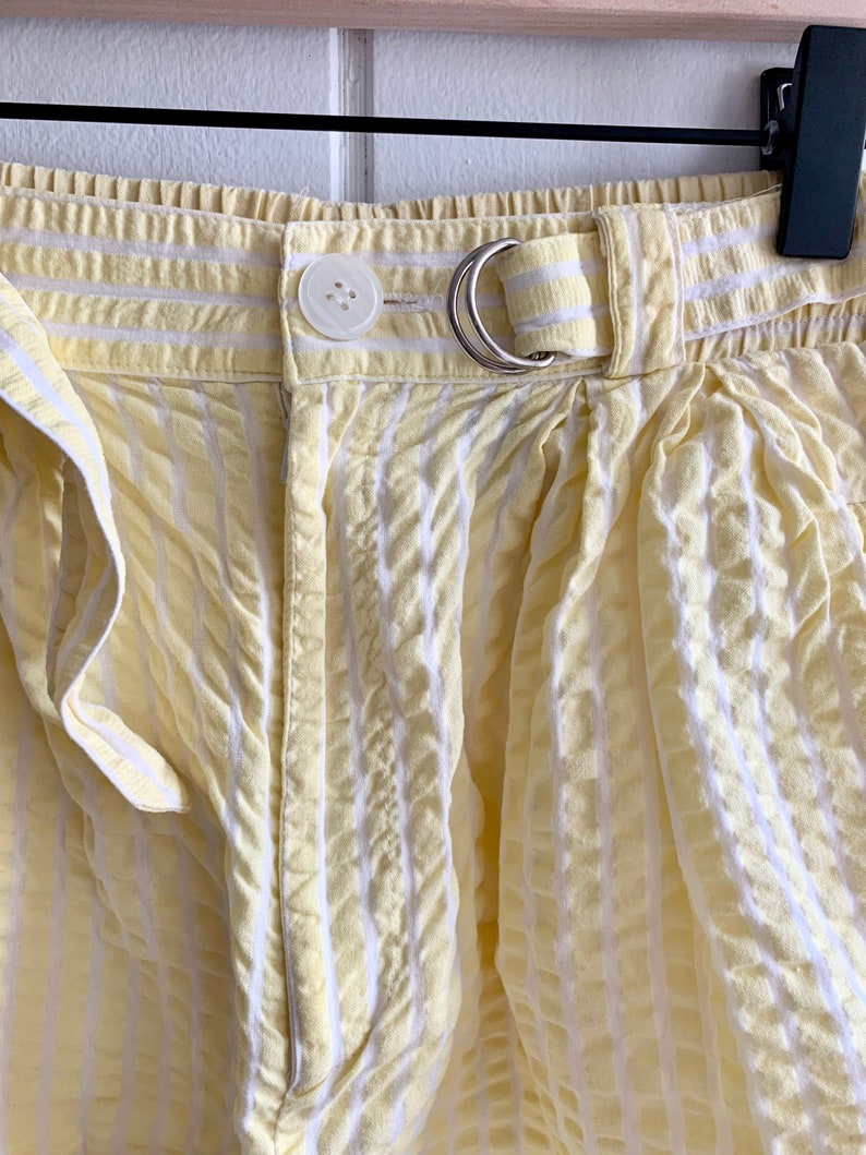 80s 90s Vintage Seersucker Pleated Shorts Yellow White Pleated image 7