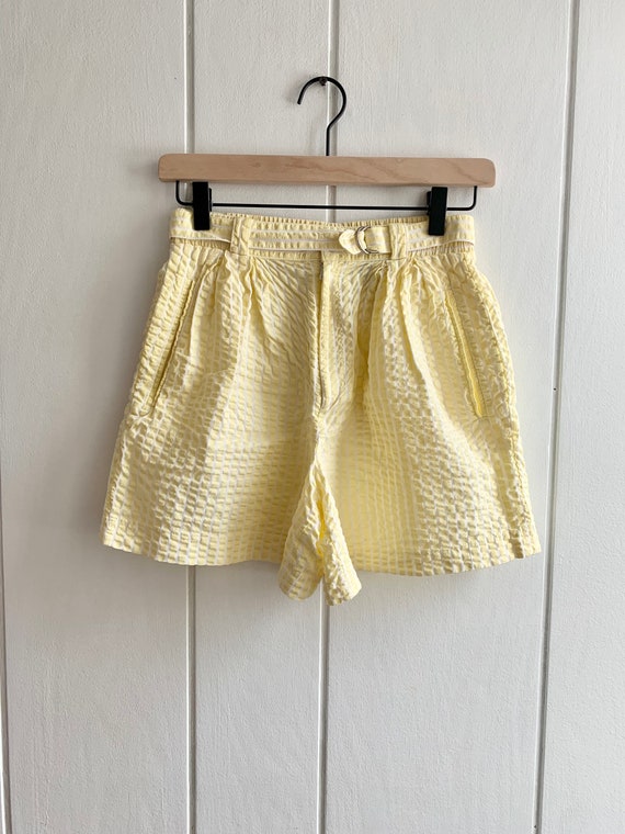 80s 90s Vintage Seersucker Pleated Shorts Yellow … - image 1