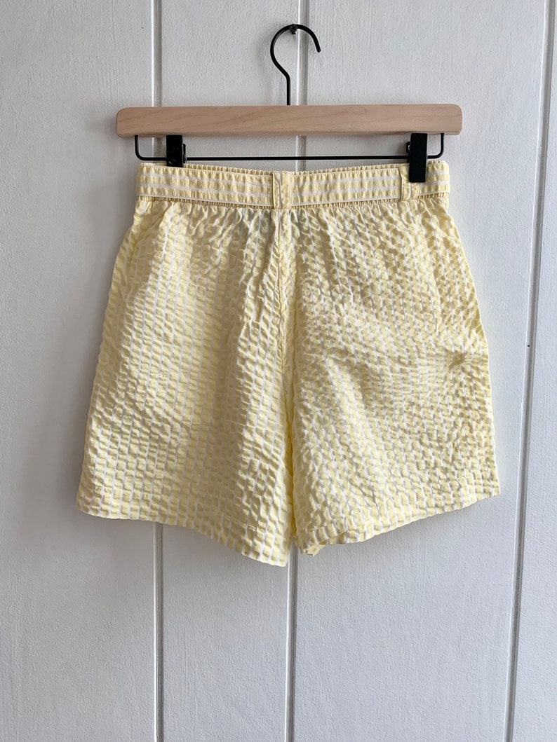 80s 90s Vintage Seersucker Pleated Shorts Yellow White Pleated image 4