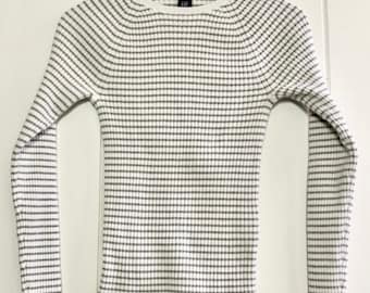 Y2K Gap Sweater Cotton + Lycra Rib Knit Fitted Grey and White Stripes