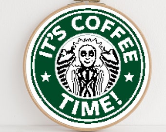 Beetlejuice It's Coffee Time Cross Stitch Pattern 11"x11"