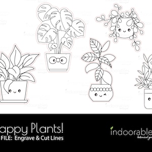 Paquete SVG PNG de planta en maceta feliz, paquete de imágenes prediseñadas, archivos de corte y grabado listos para láser, Glowforge, paquete Cricket de 5