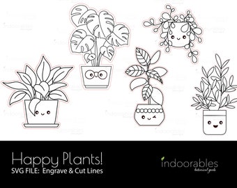 Happy Potted Plant SVG Bundle, Plant Clip Art Pack, Laser ready engrave cut files, Glowforge, 5 pack