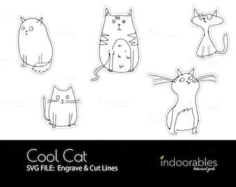 Cool Cat SVG Bundle, Cat Clip Art Pack, Laser ready engrave cut files, Glowforge, 5 pack, stickers