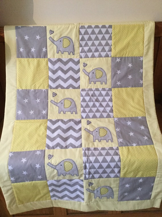 Yellow Chevron Elephant Handmade Cot Bedding Set Quilt Bumpers Bunting Cushion