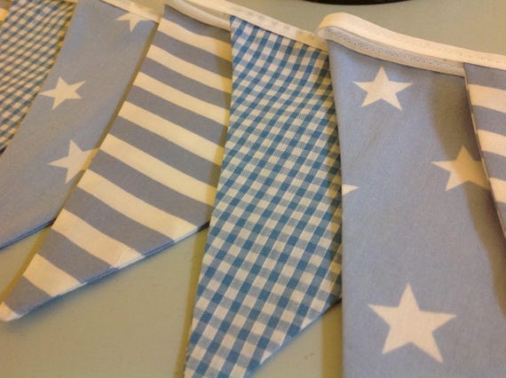 BABY BLUE BUNTING FLAGS Stripe Nursery Shooting Stars Gingham 