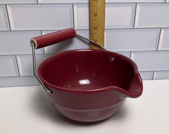 Small Maroon Batter Bowl With Handle Heavy Ceramic Vintage
