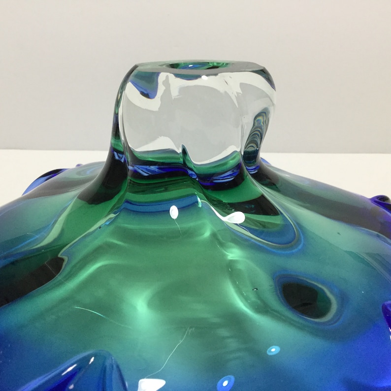 Glassware Vintage Footed Hand Blown Glass Bowl Fruit Bowl Formal Dining Footed Blue Green Heavy Art Glass Serving Bowl