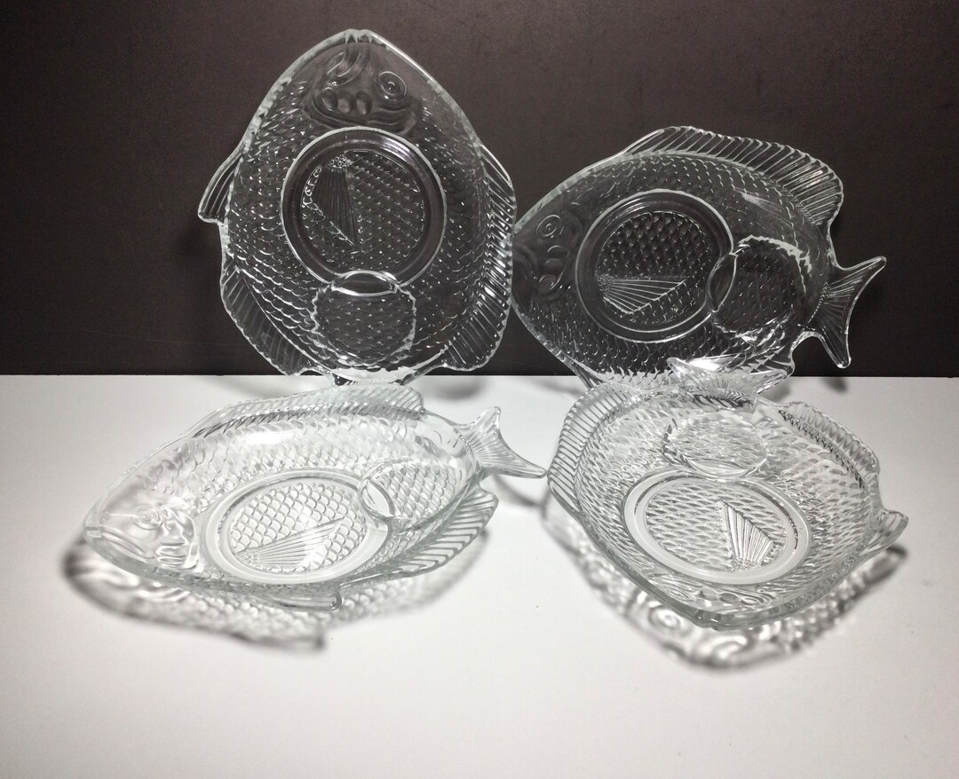 4 Seafood Cocktail Server Fish Plates, Fish Shaped Glass Plates