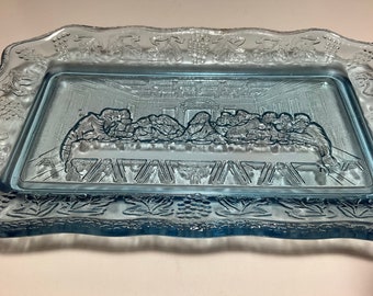 Glass “ Lord’s Supper” Tray By Tiara Blue Glass Last Supper Plate Vintage Dishes