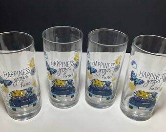 4 Libbey “Happiness Grows Here” Drinking Glasses Water Juice Dining, Vintage