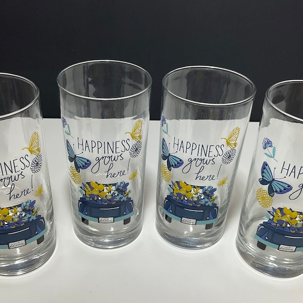 4 Libbey “Happiness Grows Here” Drinking Glasses Water Juice Dining, Vintage