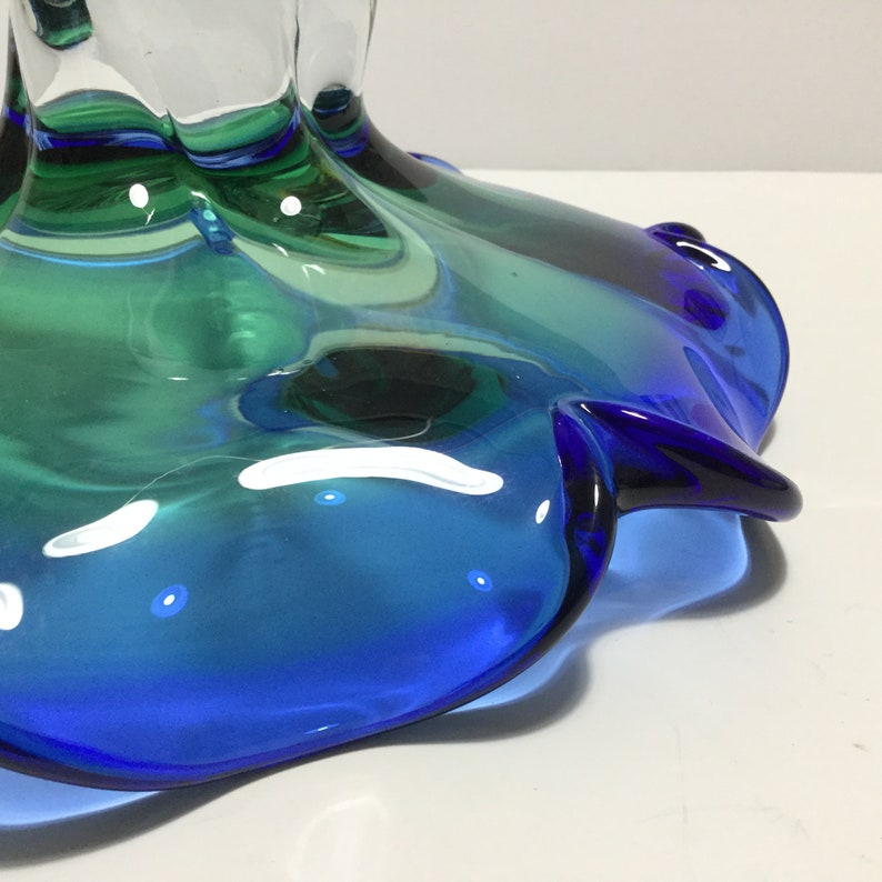 Glassware Vintage Footed Hand Blown Glass Bowl Fruit Bowl Formal Dining Footed Blue Green Heavy Art Glass Serving Bowl