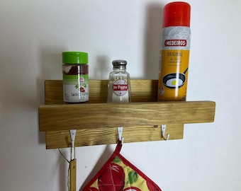 Wooden Kitchen Spice Utensils Shelf With White Hooks Handmade