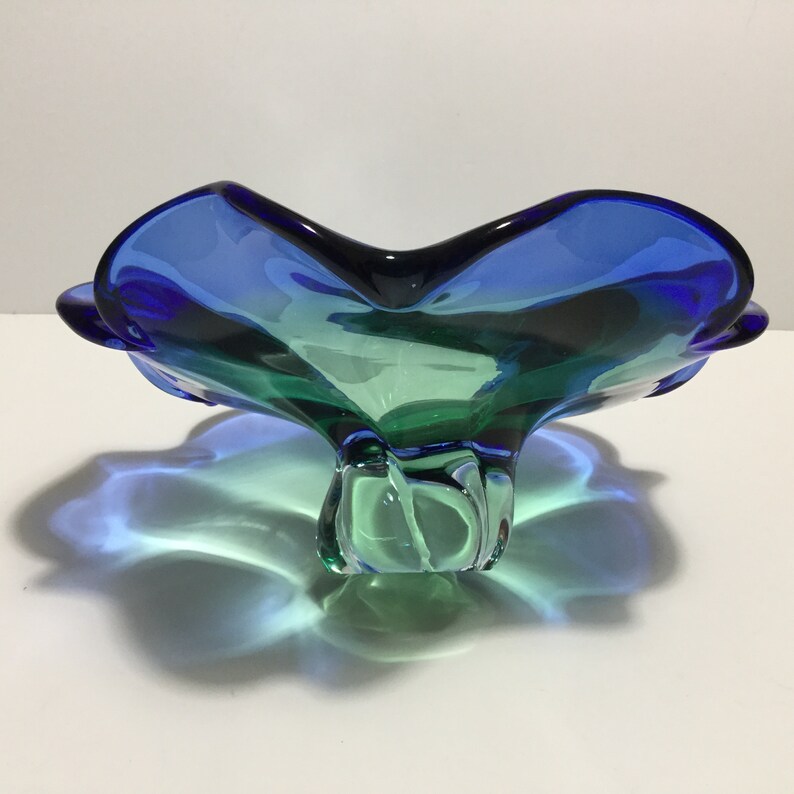 Glassware Vintage Footed Hand Blown Glass Bowl Fruit Bowl Formal Dining Footed Blue Green Heavy Art Glass Serving Bowl