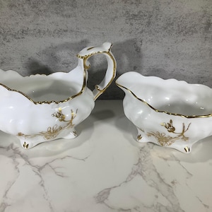 Hammersley England Open Sugar Bowl and Creamer, Gold Flowers Vintage