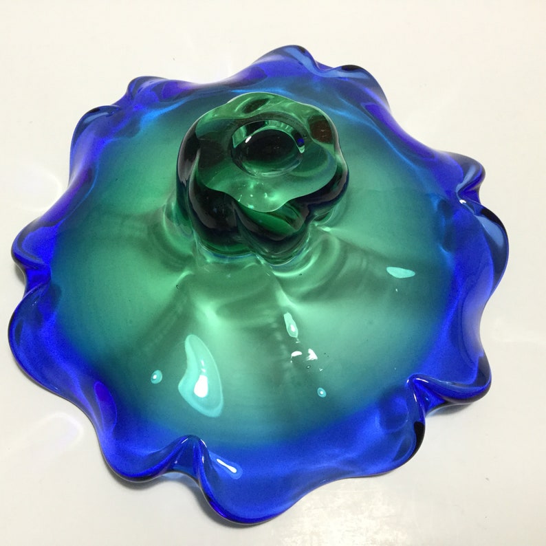 Glassware Vintage Footed Hand Blown Glass Bowl Fruit Bowl Formal Dining Footed Blue Green Heavy Art Glass Serving Bowl