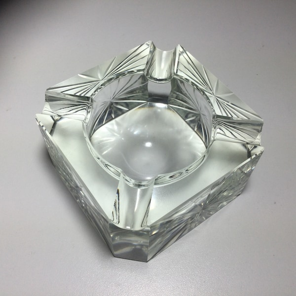 Crystal Diamond Cut Ashtray, Clear Glass Ashtray Vintage