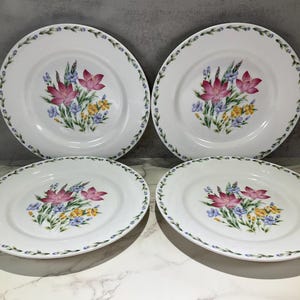 May include: Four white ceramic plates with a floral design. Each plate features a central arrangement of pink and purple flowers with yellow and blue accents. A green floral border encircles the rim of each plate.