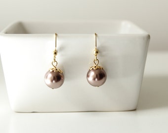 Dusty Rose Bead Earrings, Gold Plated, Wedding Jewelry