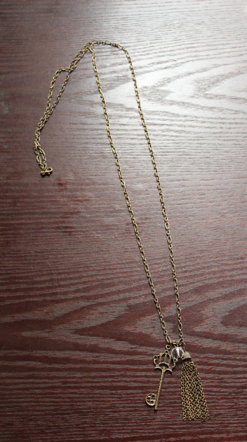 long tassel necklace charm necklace skeleton key pendant Skeleton key necklace long Skeleton key necklace