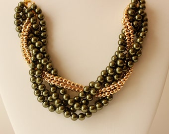 green bead statement necklace, green bead statement bib necklace, Braided necklace