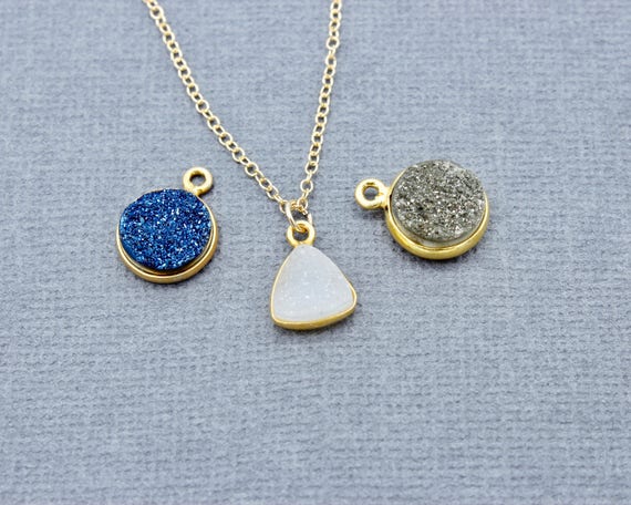 Gold Vermeil Druzy Necklace, Geode Stone Pendant, Modern Minimalist Style