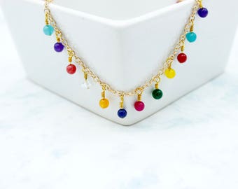 Delicate Beaded Gold Necklace, Colorful Dangle Beads