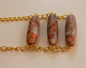 Long Gold Chain Necklace, Redline Marble Gemstone Bead Bar, Boho Jewelry