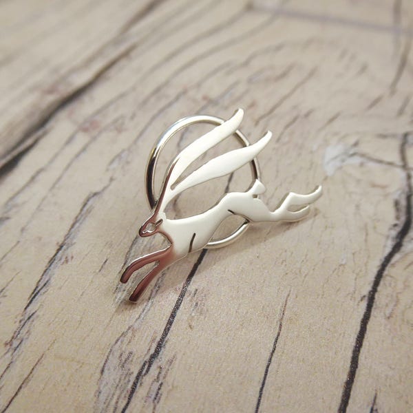 Sterling Silver Leaping Hare Pin Badge: Handmade Animal Brooch. Emma Edwards Jewellery