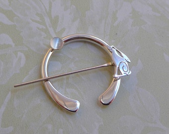 Viking penannular brooch, Celtic pagan cloak pin, handmade sterling silver moon gazing hare, moonstone jewellery, Emma Edwards Jewellery