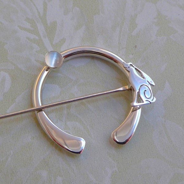 Viking penannular brooch, Celtic pagan cloak pin, handmade sterling silver moon gazing hare, moonstone jewellery, Emma Edwards Jewellery